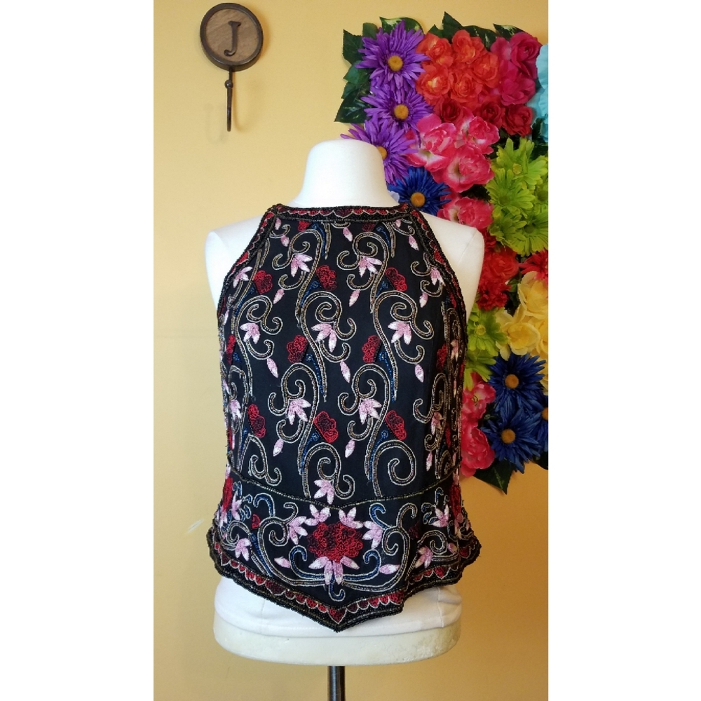 Vintage Papell Boutique floral beaded blouse- petite medium